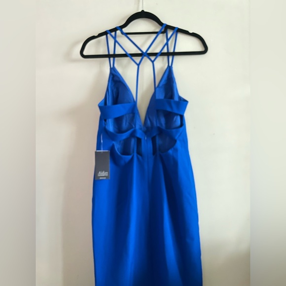 aidan blue dress Aidan Mattox Crew Neck Short Sleeve Illusion Zipper Back Ruffled  Embroidered Crepe Mesh Dress